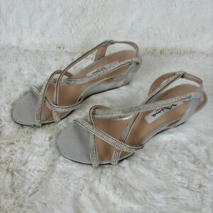 Nina Rhinestone Strappy Wedge Sandals Silver Women's Size 6M